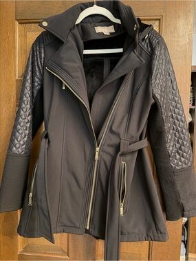 MICHAEL Michael Kors Black Trench Coat with Quilted Sleeves and Gold Zippers